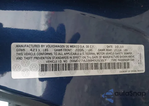 2011 Volkswagen Jetta 2.5L Se from USA, damaged, VIN 3VWDZ7AJ3BM325357